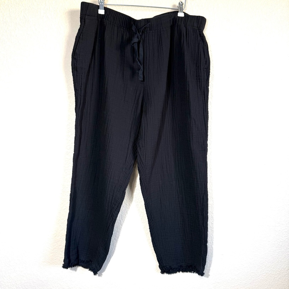 Eileen Fisher Pants Womens XL Black Wide Leg Crop Organic Cotton Gauze Fringe